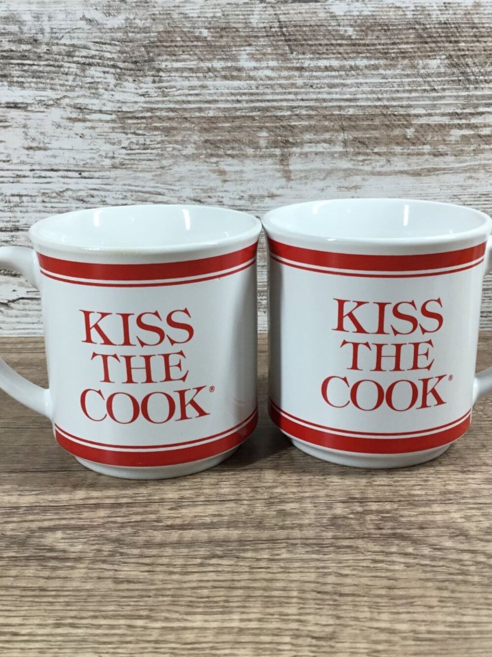 Kiss The Cook Red White Ceramic Coffee Mugs Set Of 2 Farmhouse Kitchen Drinkware